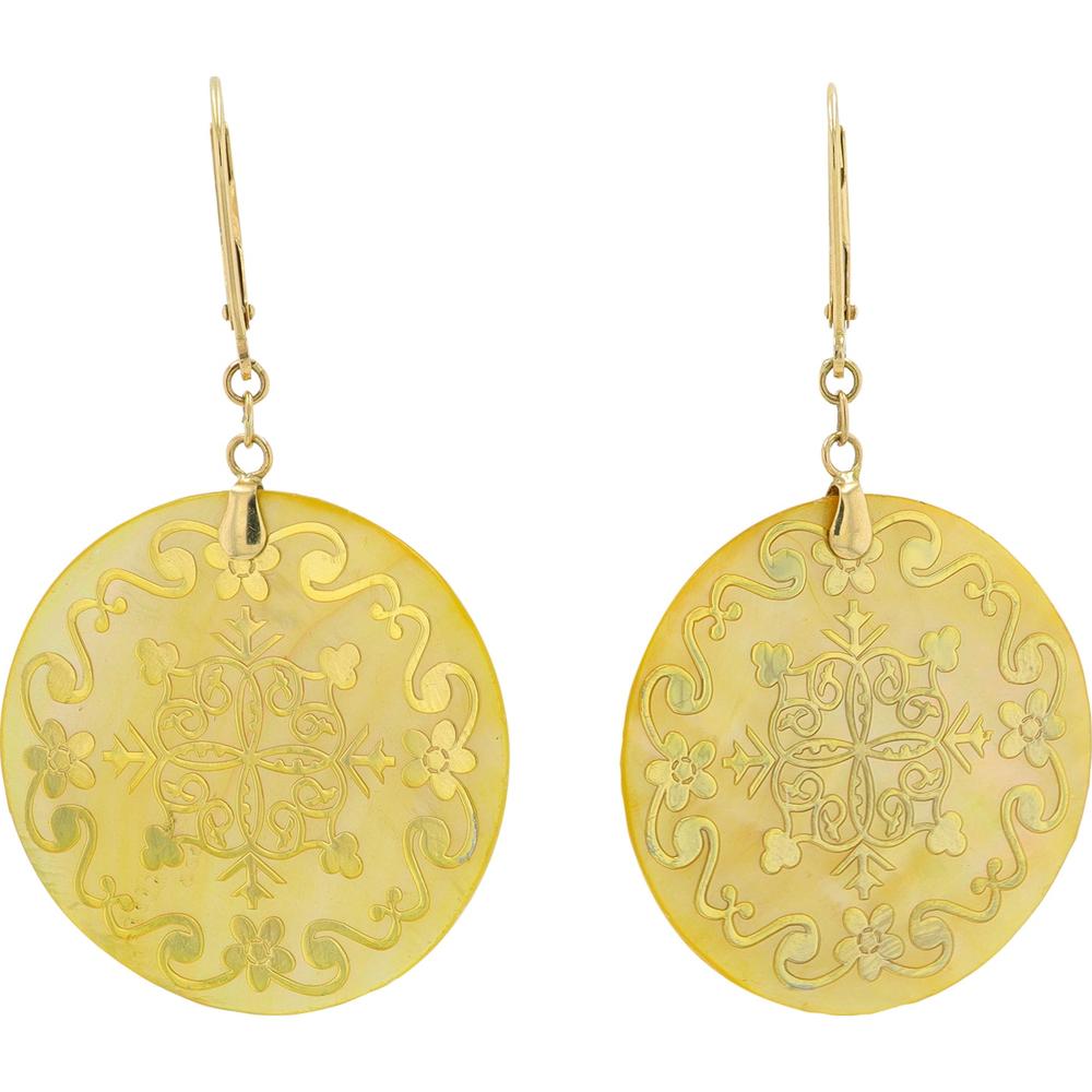 14K Yellow Gold Mother of Pearl Drop Earrings with Floral Engraving - 1.00 Carat Total Gem Weight