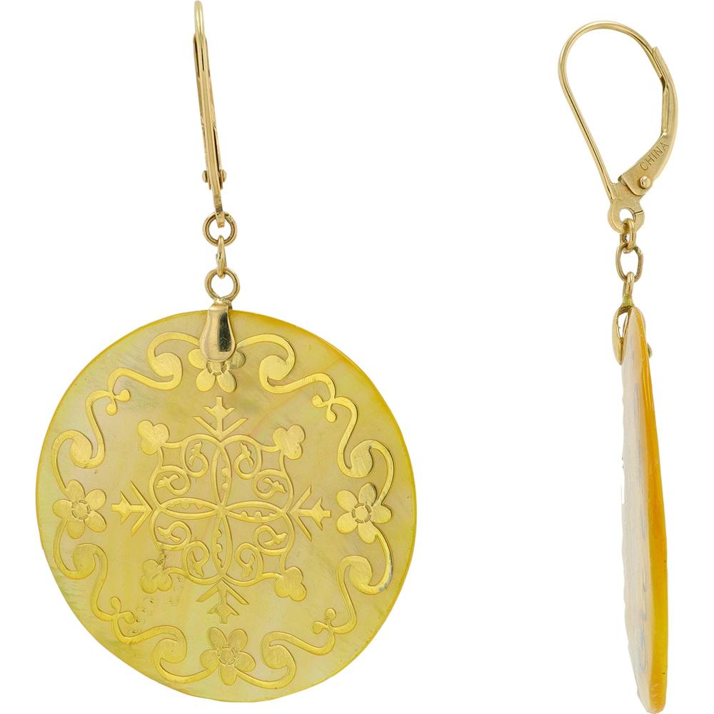 14K Yellow Gold Mother of Pearl Drop Earrings with Floral Engraving - 1.00 Carat Total Gem Weight
