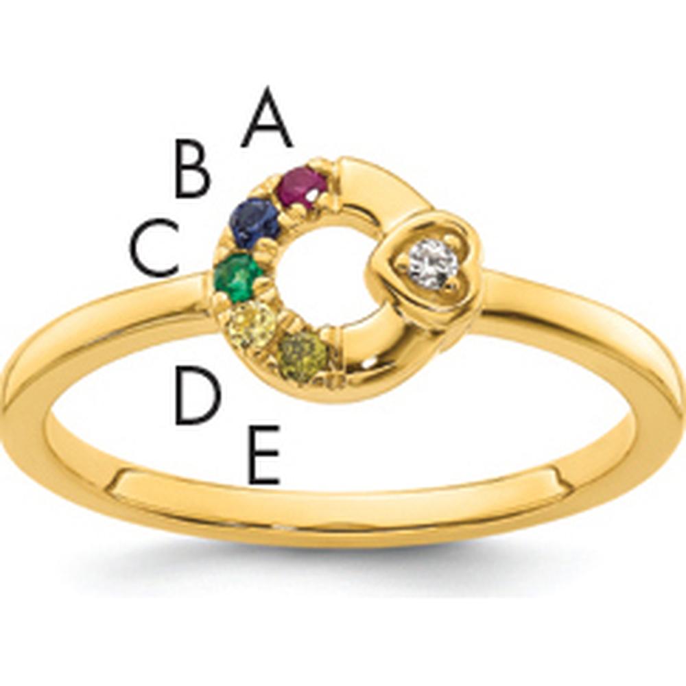 14K Yellow Gold Mother's Circle Ring with Diamond Heart and Five Birthstones by 0