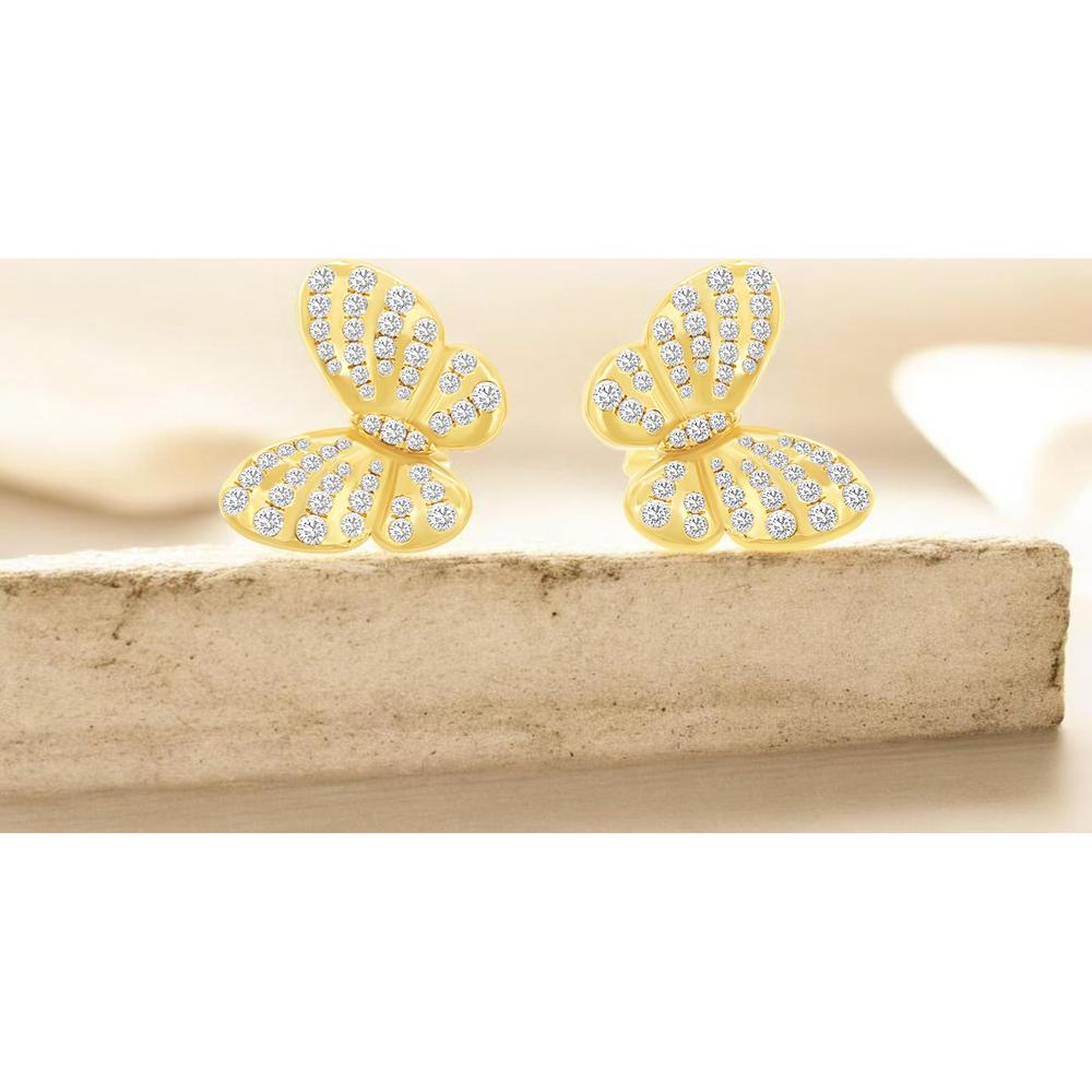 14K Yellow Gold Motif Butterfly Earrings with Round Brilliant Cut Diamonds - 1.835 Carat Total Diamond Weight - Royal Jewelry