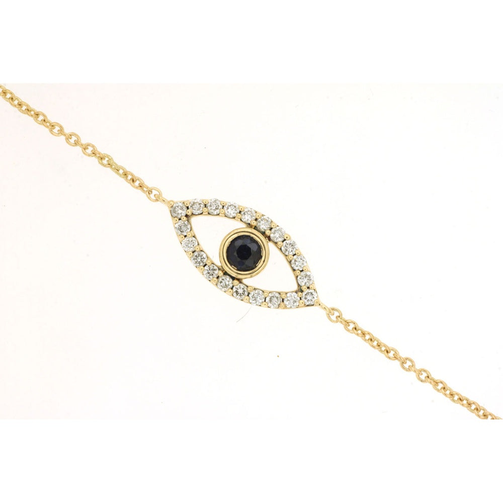 14K Yellow Gold Motif Eye Bracelet with Bezel Set Round Sapphire and Pavé Round Diamonds - 0.14 Carat Sapphire and 0.23 Carat Total Diamond Weight - Royal Jewelry