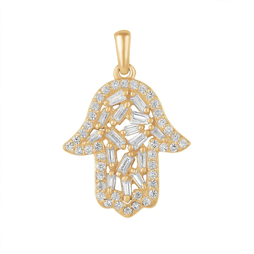 14K Yellow Gold Motif Hamsa Pendant with Mixed Round and Baguette Diamonds - 0.36 Carat Total Diamond Weight by Auriventus