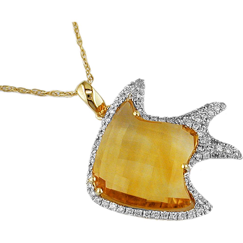 14K Yellow Gold Motif Pendant with Special Cut Citrine and Round Diamond Halo - 1.00 Carat Citrine & 0.20 Carat Total Diamond Weight - Royal Jewelry