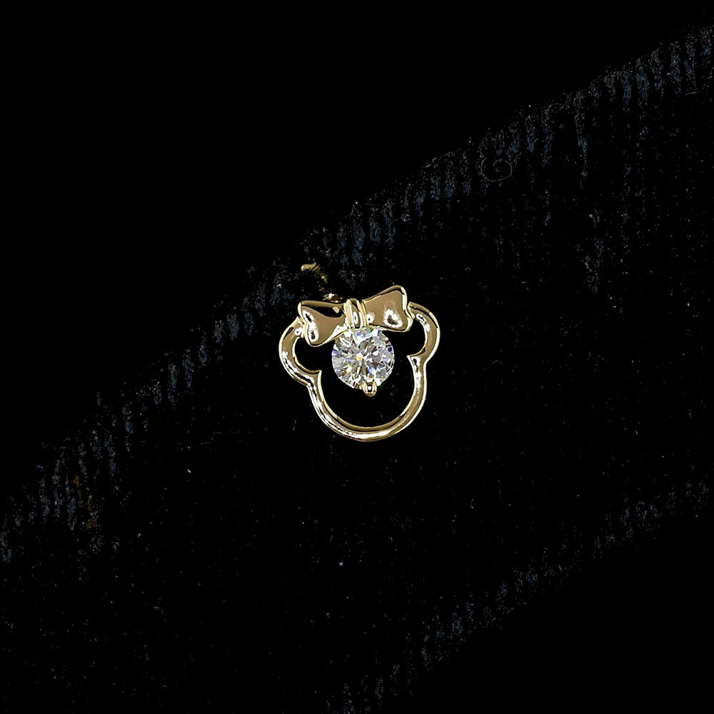 14K Yellow Gold Mouse Silhouette Stud Earrings with Bow Detail and Prong Set Round Lab Diamonds - 0.11 Carats Total Diamond Weight - Covaloro Fine Jewelry