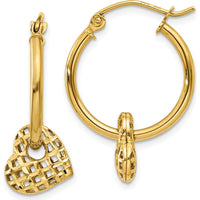 14K Yellow Gold Moveable Heart Hoop Earrings with Lattice Design - Polished Finish by 0
