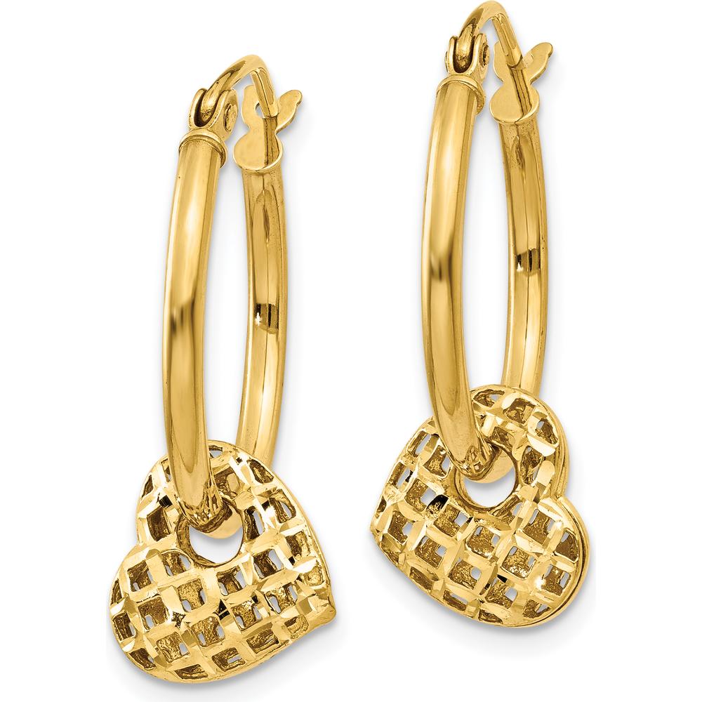14K Yellow Gold Moveable Heart Hoop Earrings with Lattice Design - Polished Finish by 0