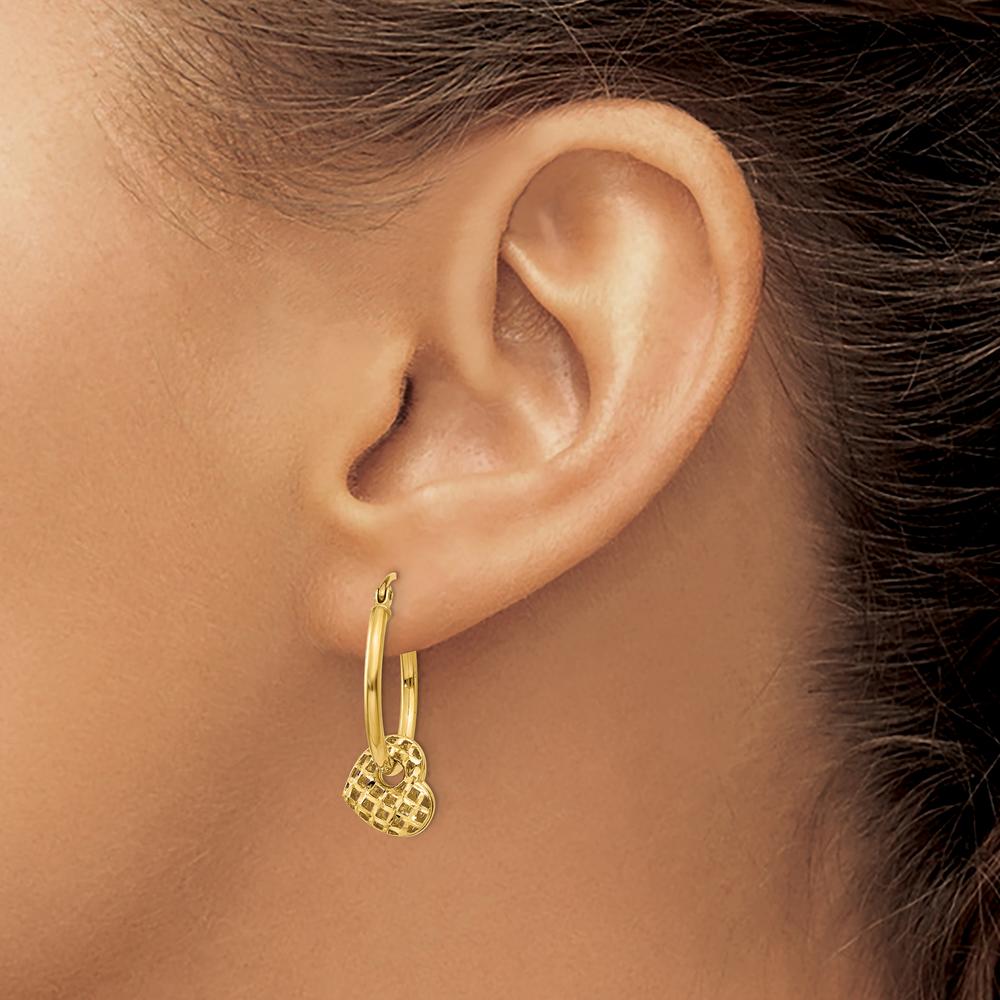 14K Yellow Gold Moveable Heart Hoop Earrings with Lattice Design - Polished Finish by 0
