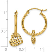 14K Yellow Gold Moveable Heart Hoop Earrings with Lattice Design - Polished Finish by 0