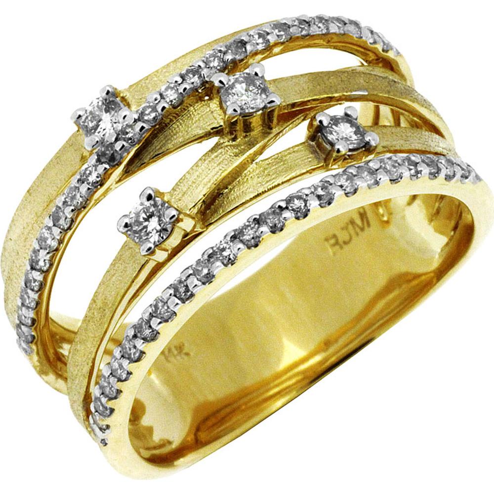 14K Yellow Gold Multi-Band Ring with Brushed Finish and 0.40 Carat Round Brilliant Cut Diamonds in Prong and Pavé Settings - Royal Jewelry