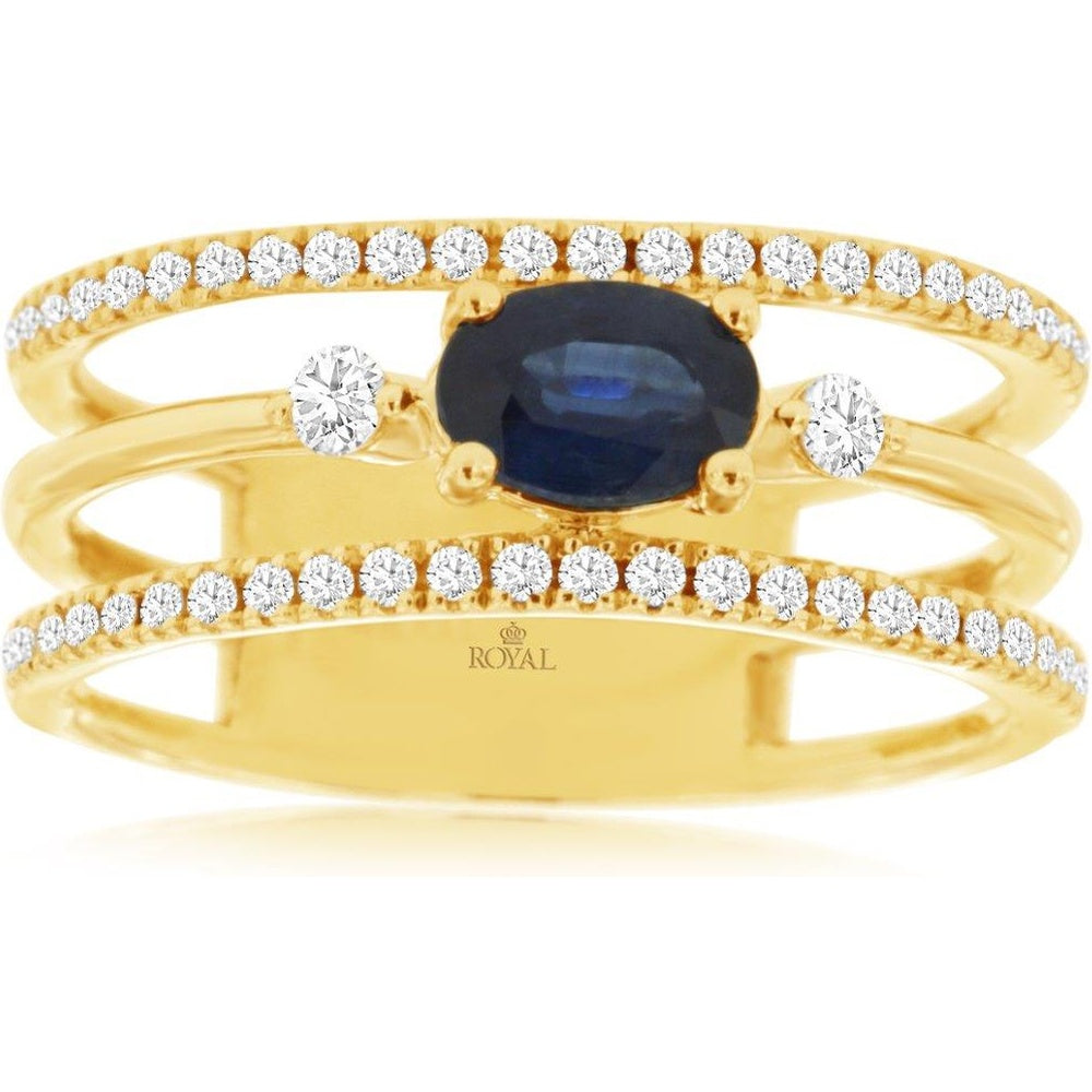 14K Yellow Gold Multi-Band Ring with Oval Sapphire and Pavé Set Round Diamonds - 0.65 Carat Sapphire and 0.33 Carat Total Diamond Weight - Royal Jewelry