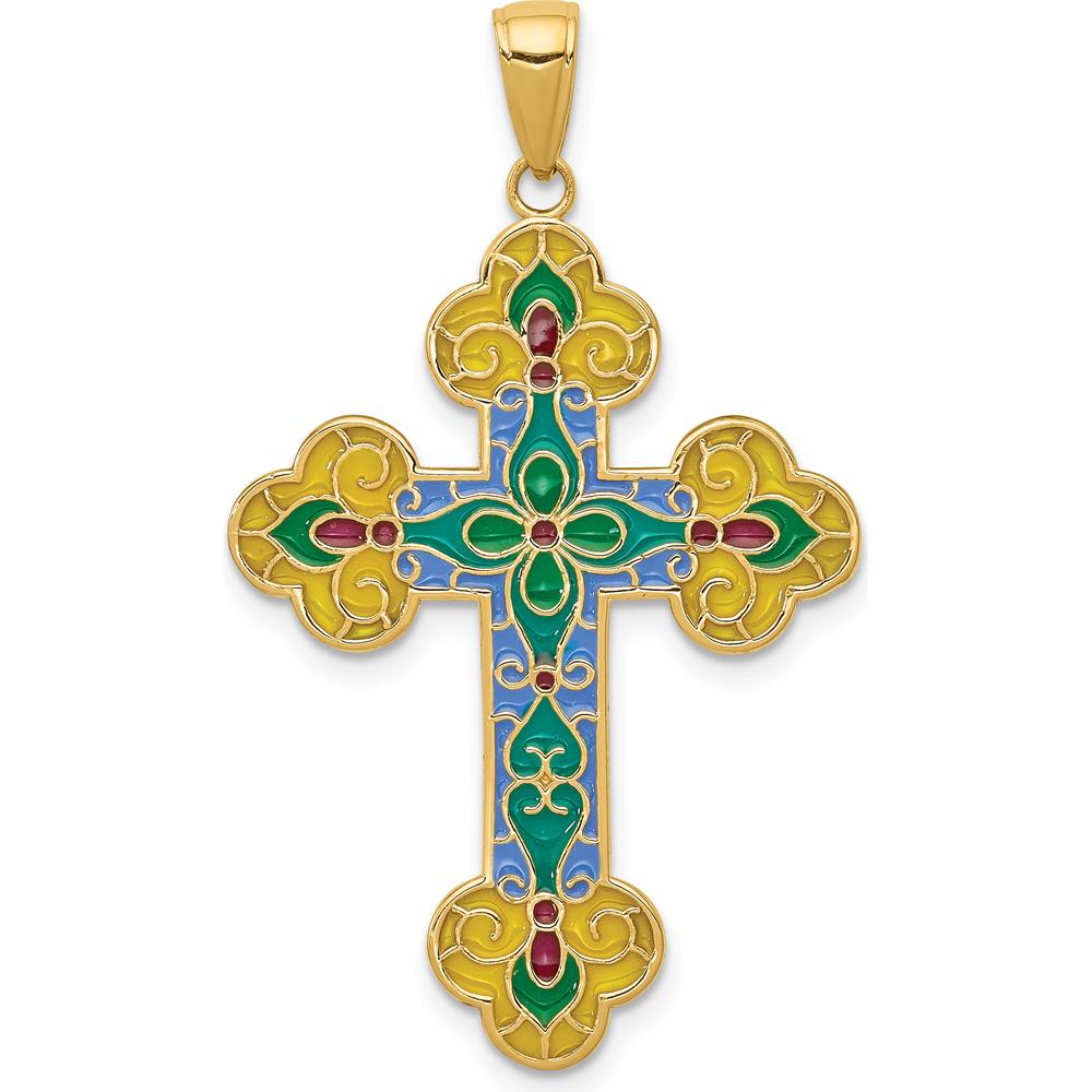 14K Yellow Gold Multi-Color Acrylic Enamel Flower Cross Pendant by Oro Pregiato