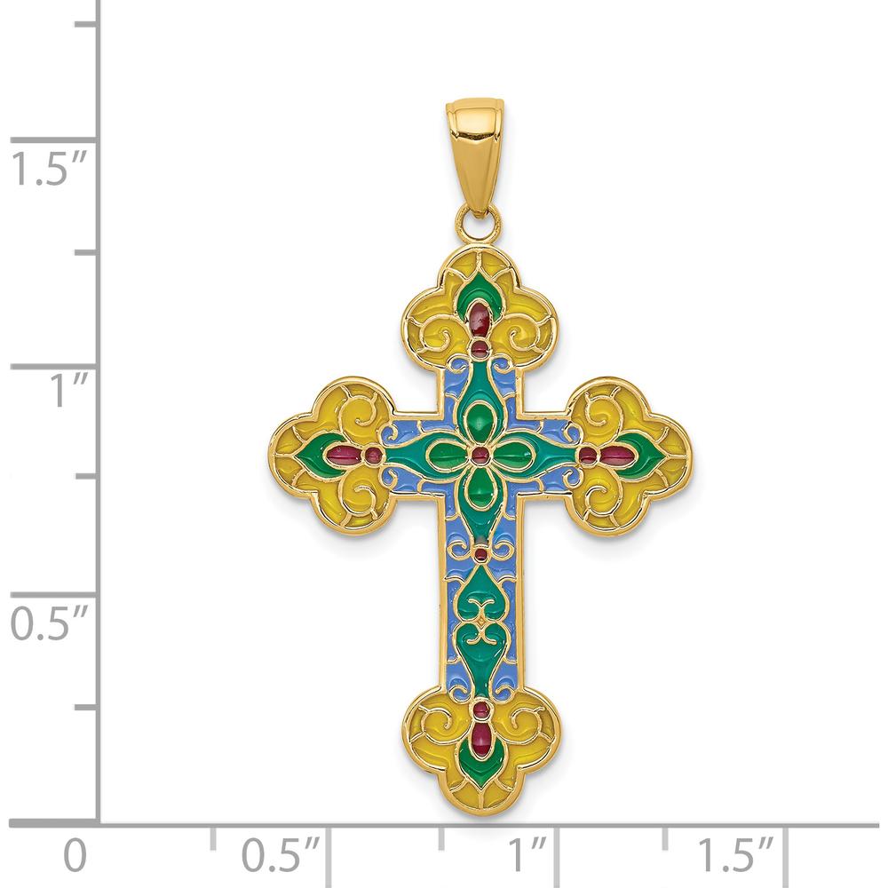 14K Yellow Gold Multi-Color Acrylic Enamel Flower Cross Pendant by Oro Pregiato