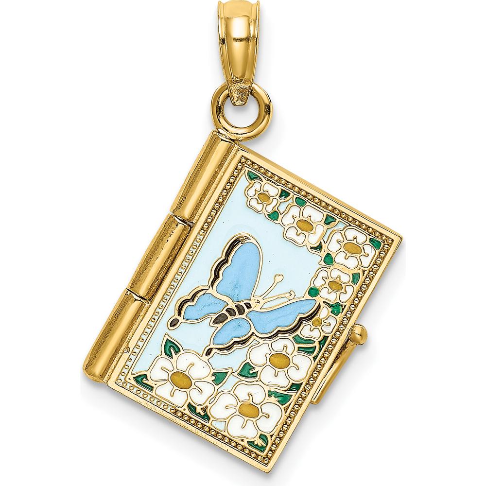 14K Yellow Gold Multi-Color Enamel 3D Butterfly Ecclesiastes Pendant with Moveable Pages by Oro Pregiato