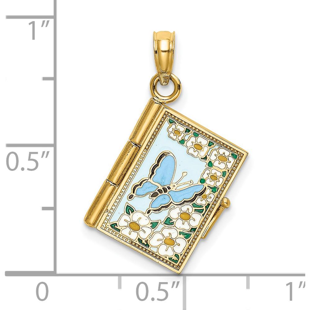 14K Yellow Gold Multi-Color Enamel 3D Butterfly Ecclesiastes Pendant with Moveable Pages by Oro Pregiato
