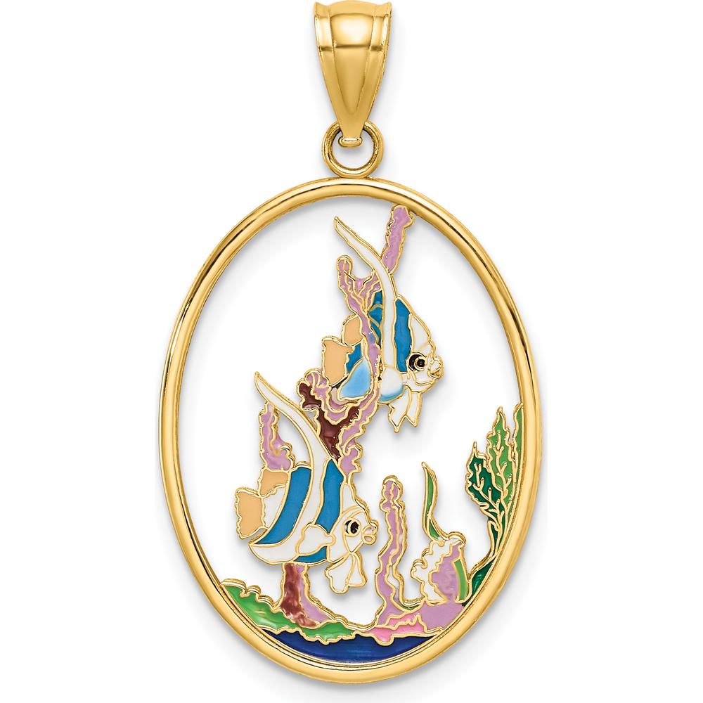 14K Yellow Gold Multi-color Enamel Angelfish Underwater Scene Oval Charm Pendant by Oro Pregiato