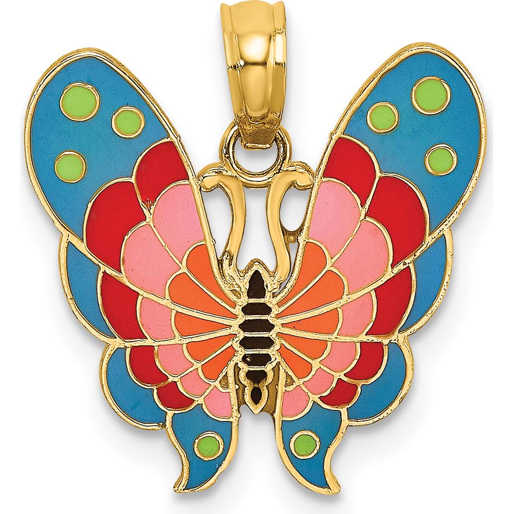 14K Yellow Gold Multi-Color Enamel Butterfly Pendant Charm - Vibrant Spring Design by Oro Pregiato
