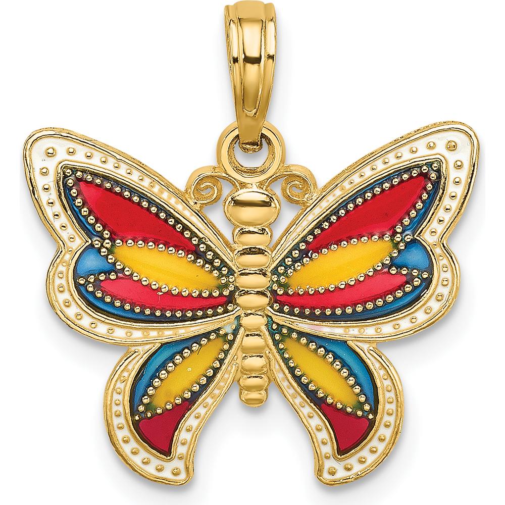 14K Yellow Gold Multi-Color Enamel Butterfly Pendant Charm with Beaded Detail - 20.45mm Length by Oro Pregiato