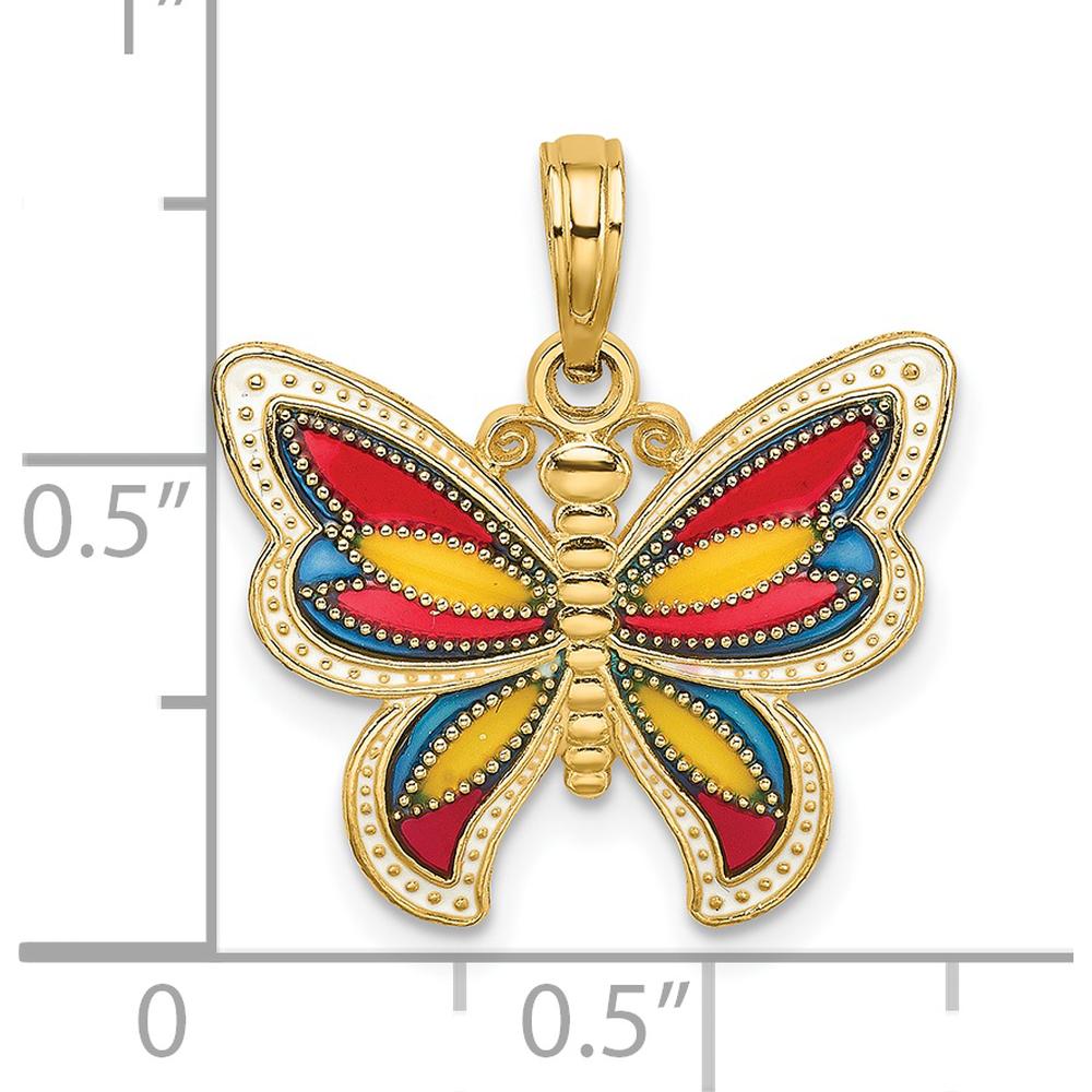 14K Yellow Gold Multi-Color Enamel Butterfly Pendant Charm with Beaded Detail - 20.45mm Length by Oro Pregiato