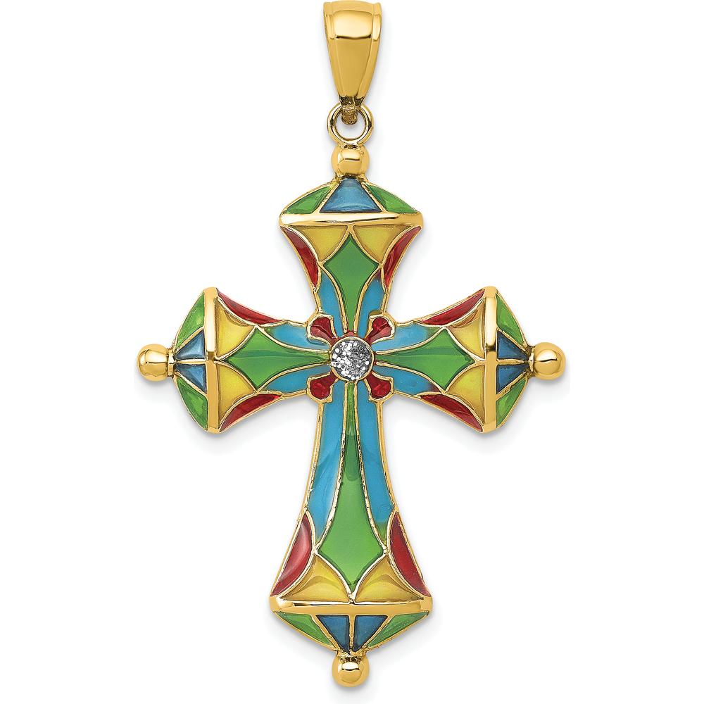 14K Yellow Gold Multi-Color Enamel Cross Pendant with Gemstone Accent by Oro Pregiato