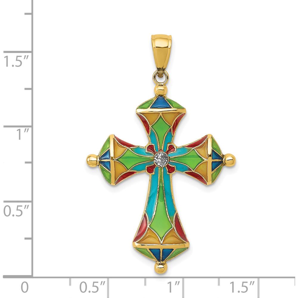 14K Yellow Gold Multi-Color Enamel Cross Pendant with Gemstone Accent by Oro Pregiato