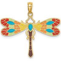 14K Yellow Gold Multi-Color Enamel Dragonfly Charm Pendant - Vibrant Nature-Inspired Design by Oro Pregiato