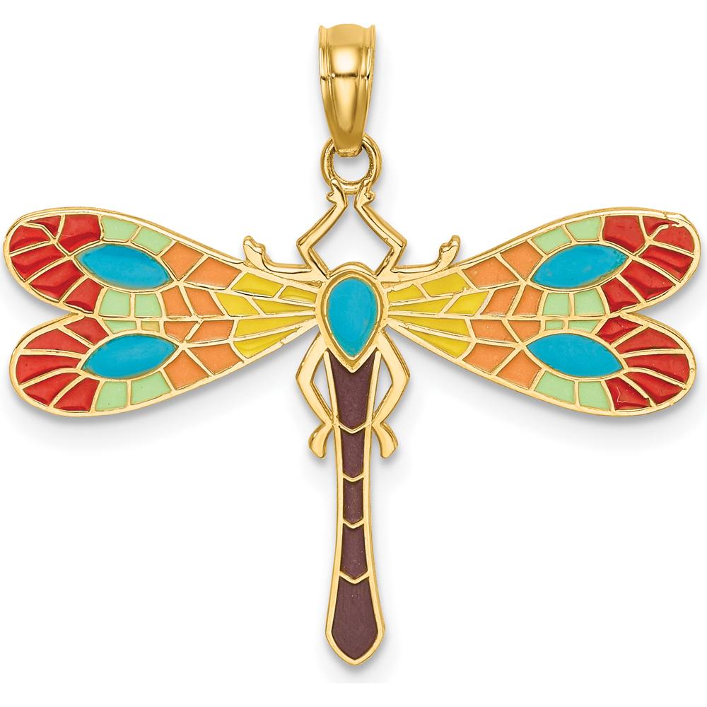 14K Yellow Gold Multi-Color Enamel Dragonfly Charm Pendant - Vibrant Nature-Inspired Design by Oro Pregiato