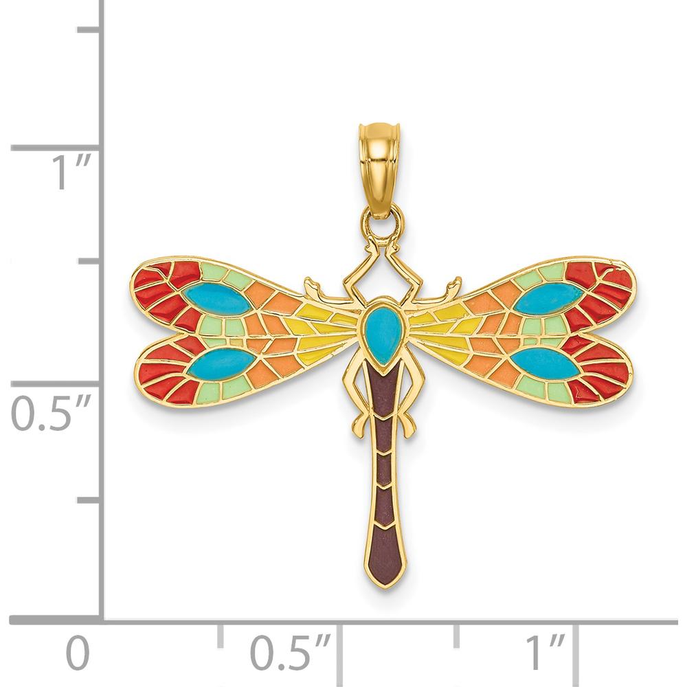 14K Yellow Gold Multi-Color Enamel Dragonfly Charm Pendant - Vibrant Nature-Inspired Design by Oro Pregiato