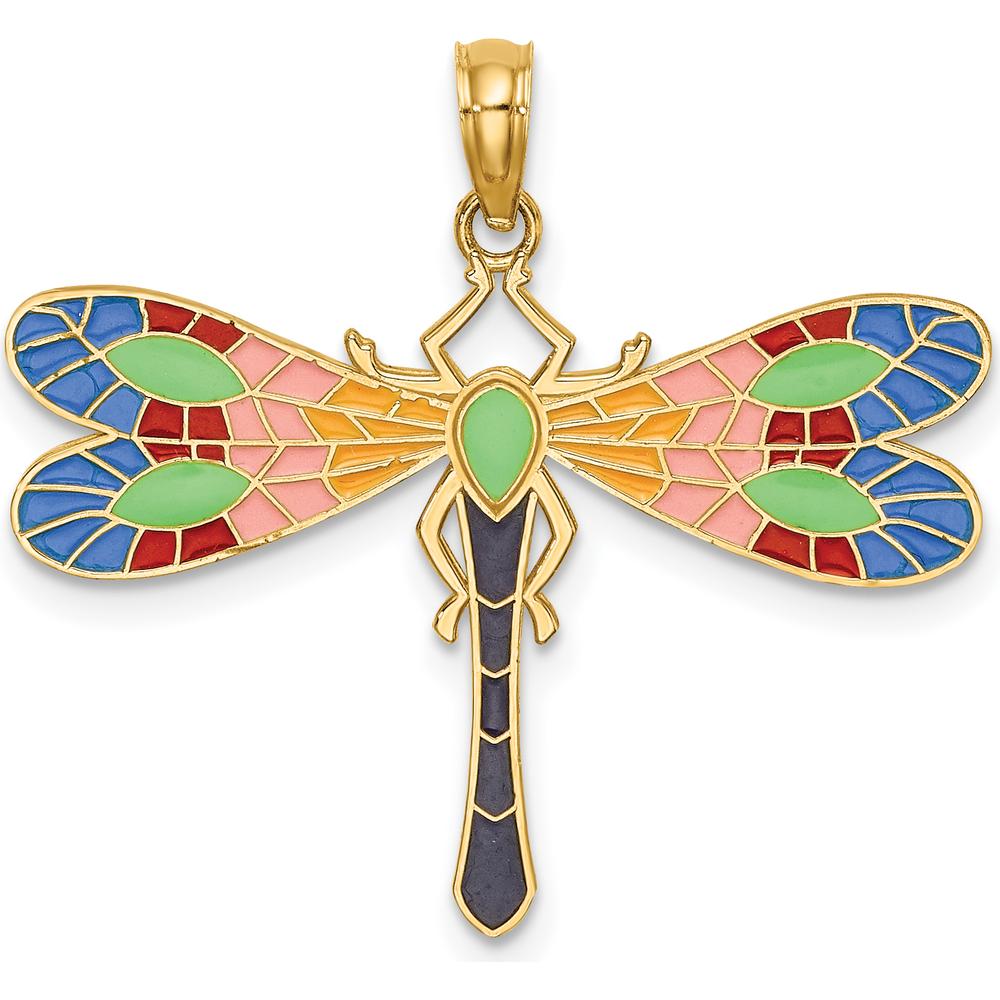 14K Yellow Gold Multi-Color Enamel Dragonfly Pendant Charm by Oro Pregiato
