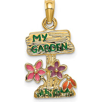 14K Yellow Gold Multi-Color Enamel Garden Charm with "MY GARDEN" Sign - Textured Back Design by Oro Pregiato