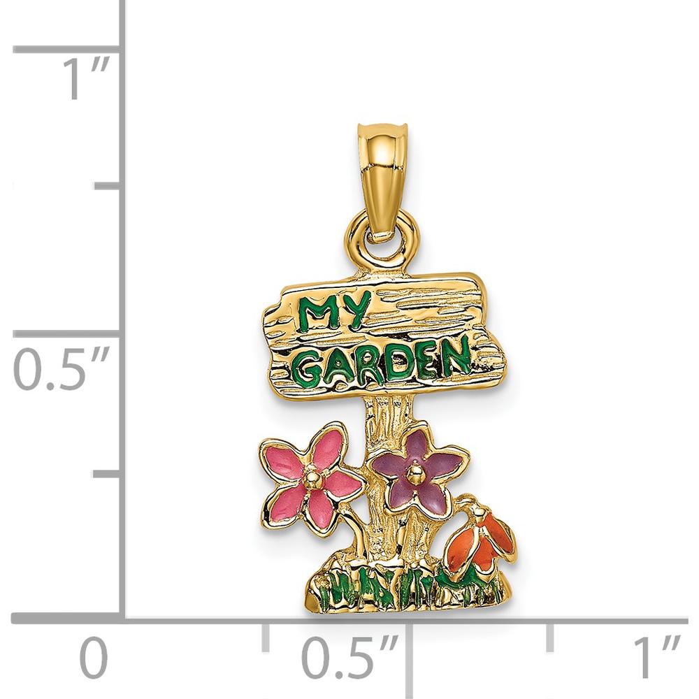 14K Yellow Gold Multi-Color Enamel Garden Charm with "MY GARDEN" Sign - Textured Back Design by Oro Pregiato