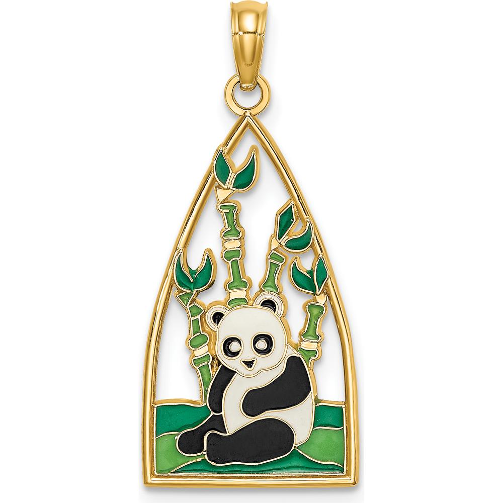14K Yellow Gold Multi-Color Enamel Panda Bear and Bamboo Charm Pendant - 27.6mm Length by Oro Pregiato