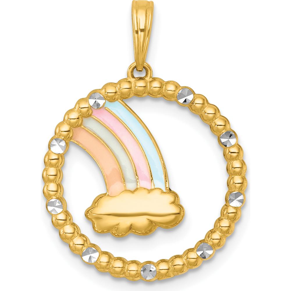 14K Yellow Gold Multi Color Enamel Rainbow with Cloud Beaded Charm Pendant by Oro Pregiato