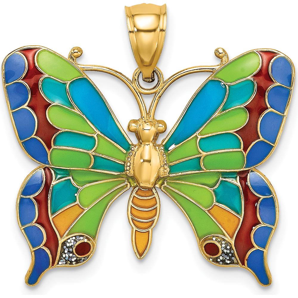 14K Yellow Gold Multi-color Enameled Butterfly Pendant - Vibrant and Polished by Oro Pregiato
