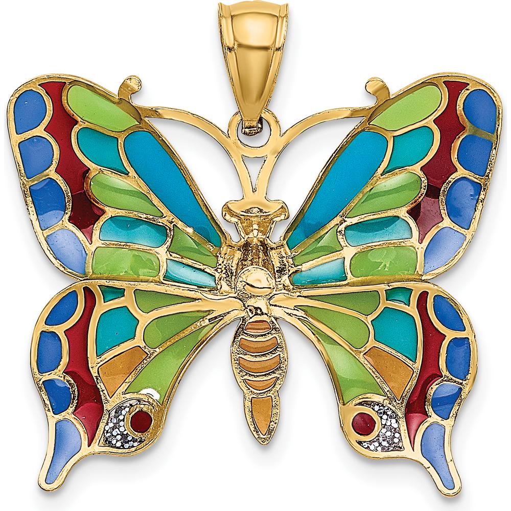14K Yellow Gold Multi-color Enameled Butterfly Pendant - Vibrant and Polished by Oro Pregiato