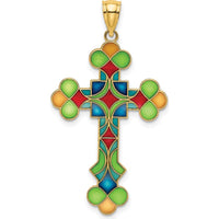 14K Yellow Gold Multi-Color Enameled Cross Charm Pendant - 33.75mm Length by Oro Pregiato