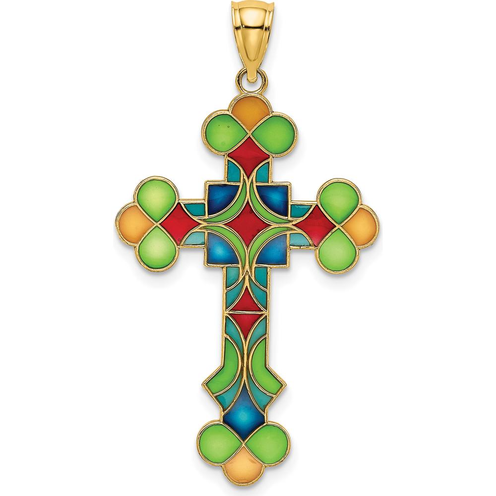 14K Yellow Gold Multi-Color Enameled Cross Charm Pendant - 33.75mm Length by Oro Pregiato