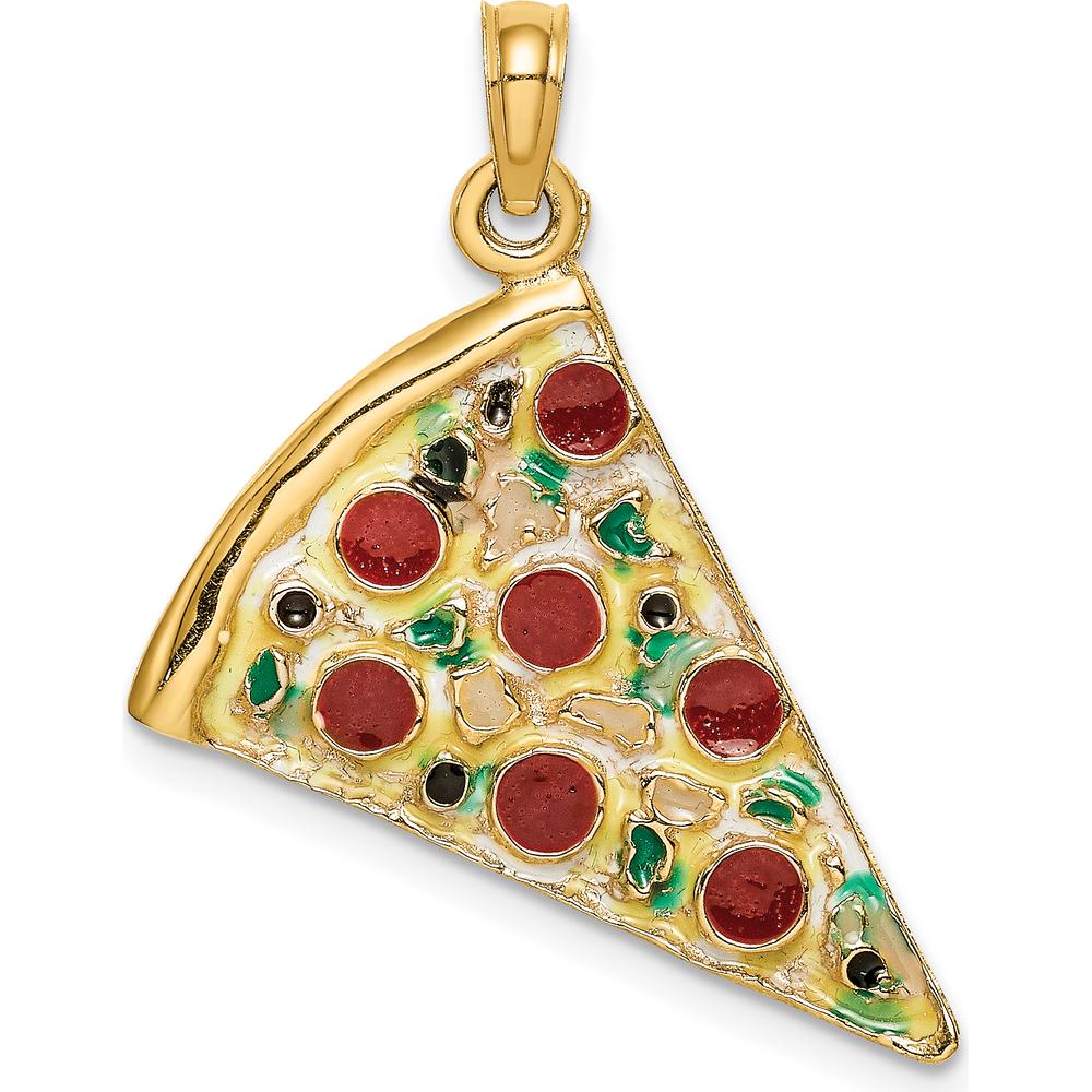 14K Yellow Gold Multi-color Enameled Large Pepperoni Pizza Slice Pendant - Fun Themed Charm by Oro Pregiato