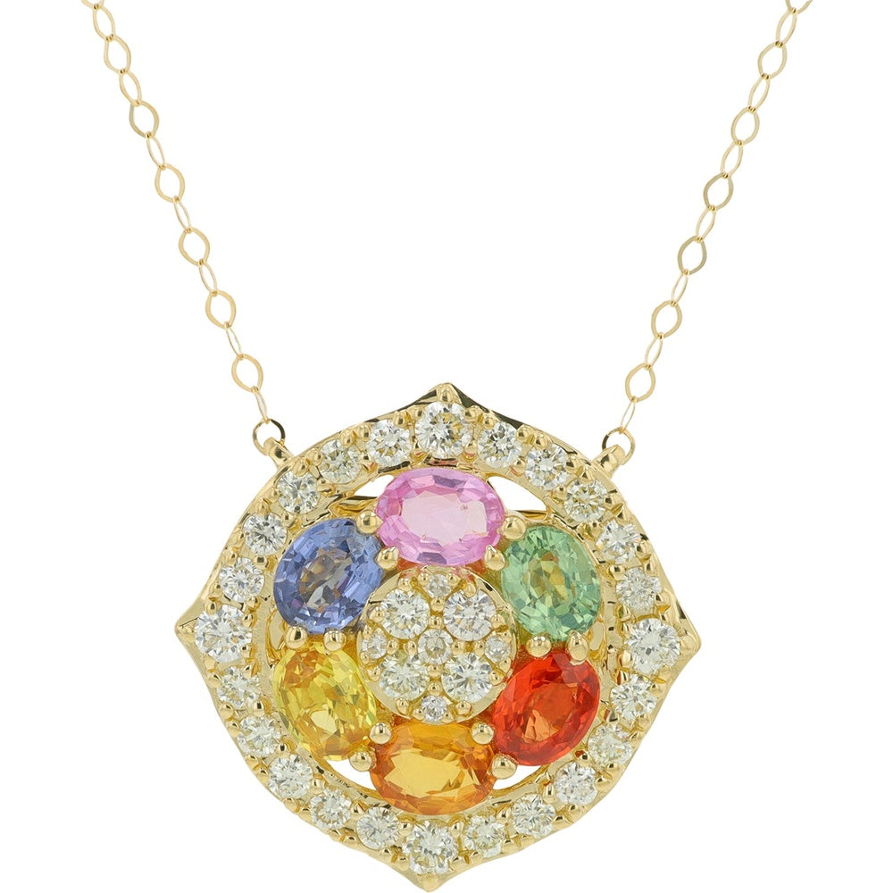 14K Yellow Gold Multi-Color Sapphire Cluster Halo Pendant with Diamond Accents - 1.50 Carat Total Sapphire Weight and 0.50 Carat Total Diamond Weight