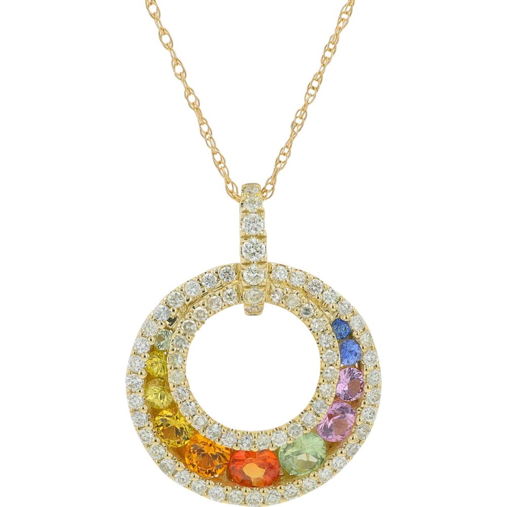 14K Yellow Gold Multi-Color Sapphire Pendant with Diamond Halo - 0.75 Carat Sapphire, 0.35 Carat Diamond Total Weight