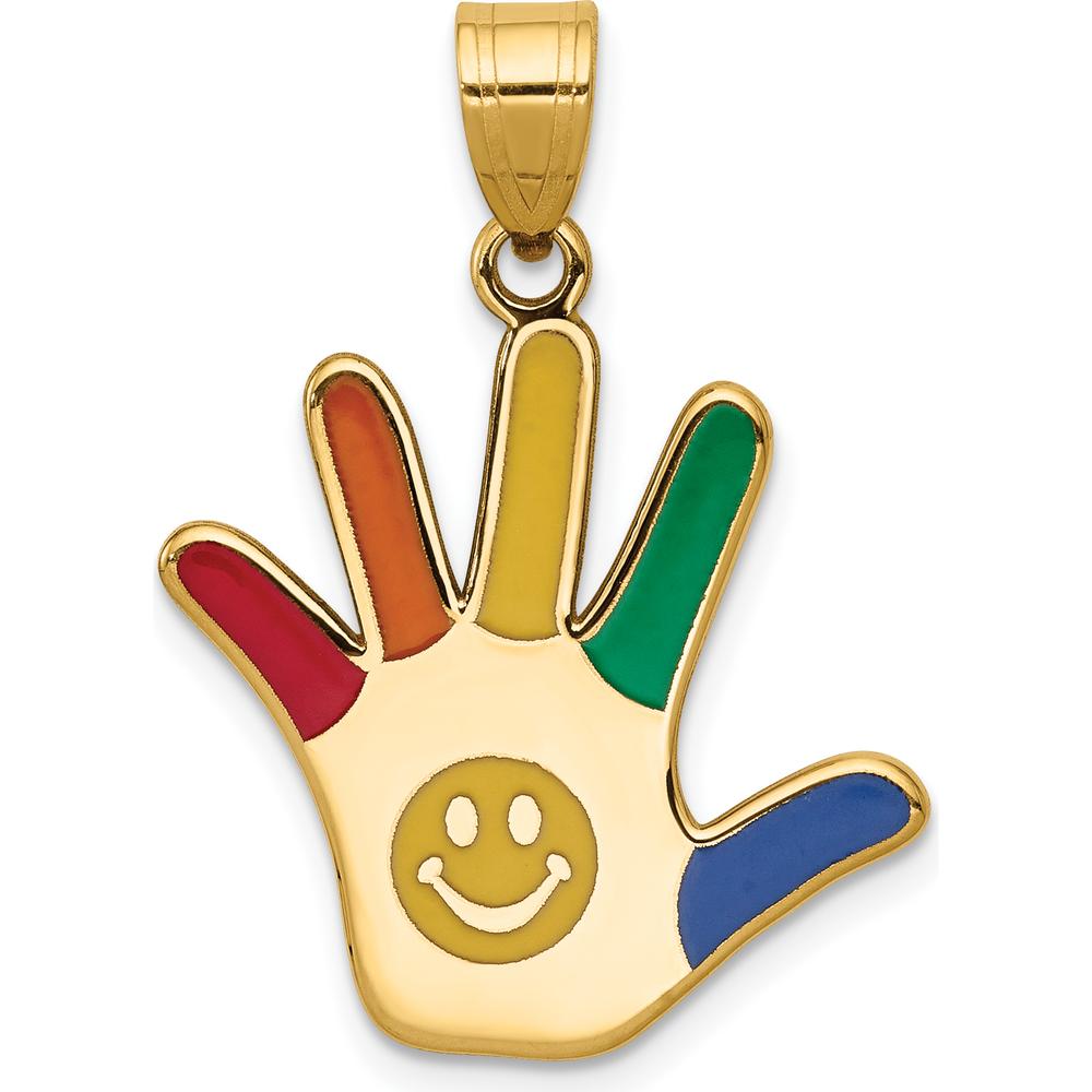 14K Yellow Gold Multi-Colored Enamel Autism Smiley Handprint Pendant by Oro Pregiato