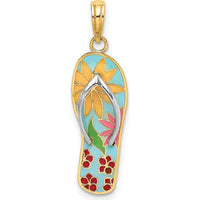 14K Yellow Gold Multi-Colored Enamel Flip-Flop Charm with Fuchsia Flowers and Rhodium Detailing by Oro Pregiato