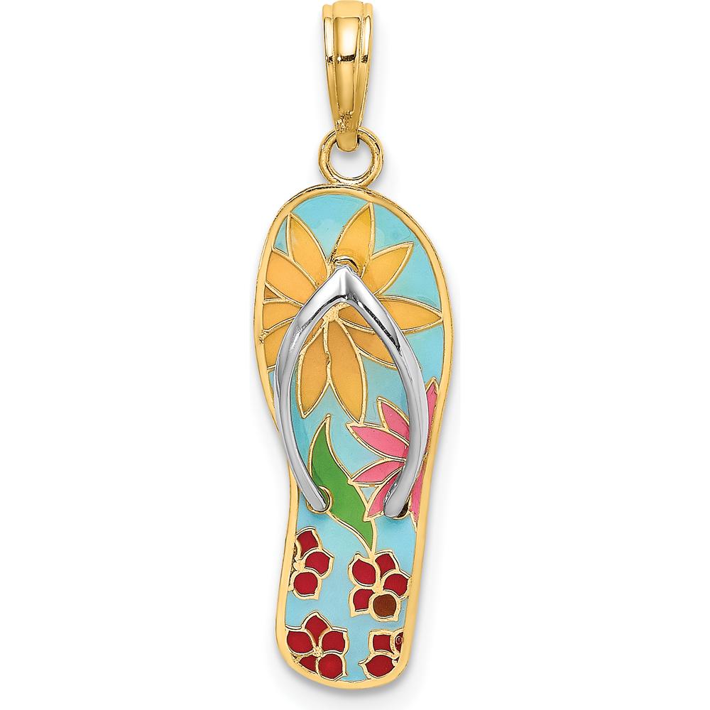 14K Yellow Gold Multi-Colored Enamel Flip-Flop Charm with Fuchsia Flowers and Rhodium Detailing by Oro Pregiato