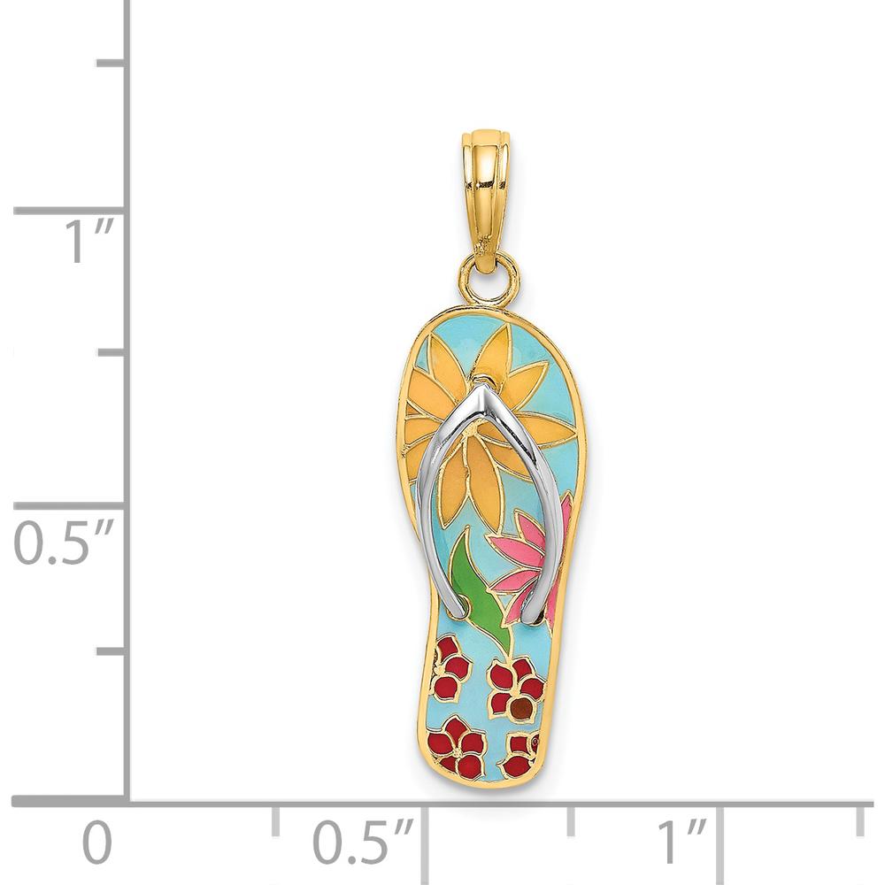 14K Yellow Gold Multi-Colored Enamel Flip-Flop Charm with Fuchsia Flowers and Rhodium Detailing by Oro Pregiato
