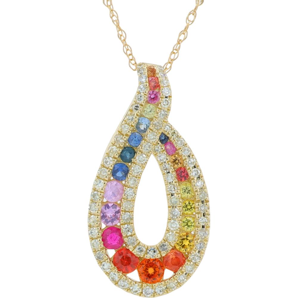 14K Yellow Gold Multi - Colored Sapphire Pendant with Diamond Accents - 0.64 Carat Total Sapphire Weight, 0.25 Carat Total Diamond Weight