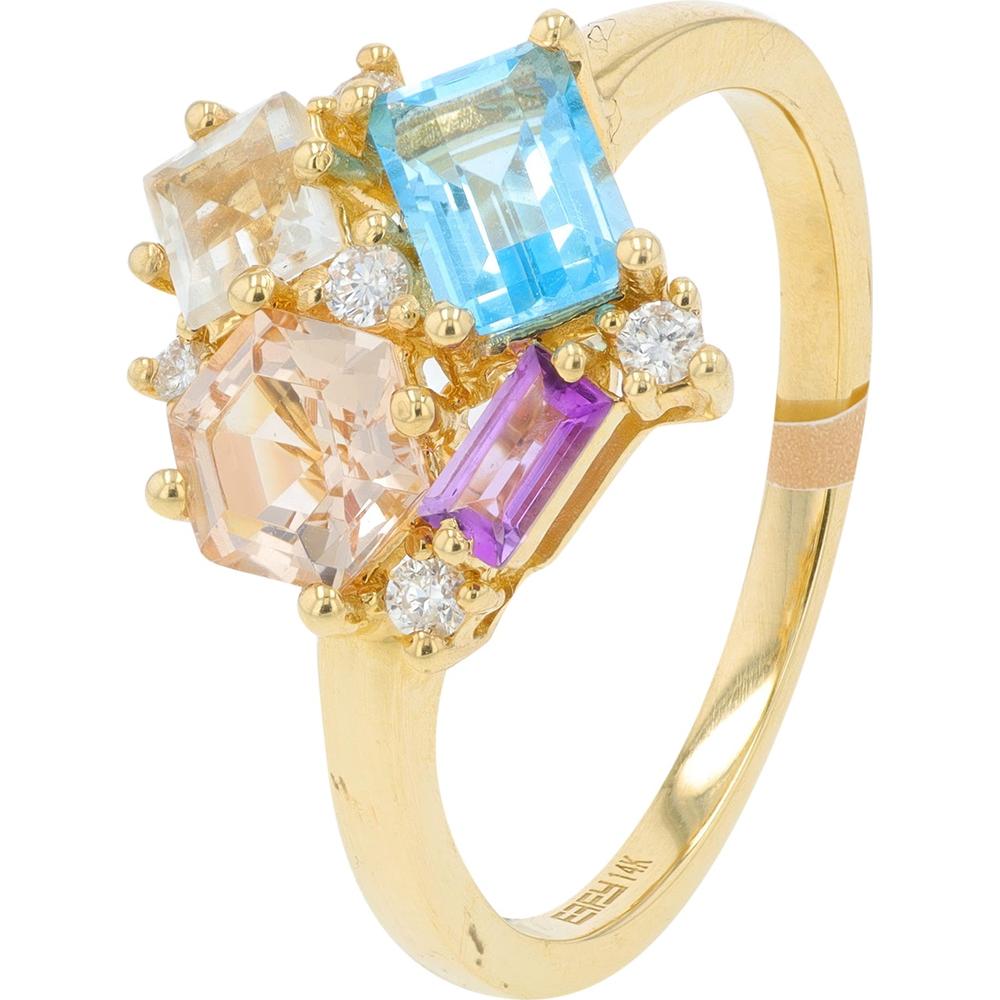 14K Yellow Gold Multi-Gemstone Cluster Ring with Amethyst, Blue Topaz, Green Amethyst, Morganite & Diamond Accents - 1.02 Carat Total Gem & Diamond Weight