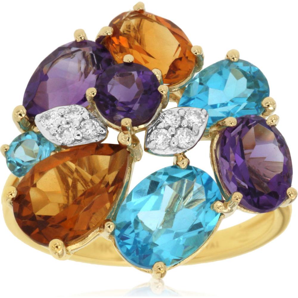 14K Yellow Gold Multi-Gemstone Cluster Ring with Amethyst, Citrine, Blue Topaz, and 0.10 Carat Diamond Accents - 6.00 Carat Total Gem Weight - Royal Jewelry