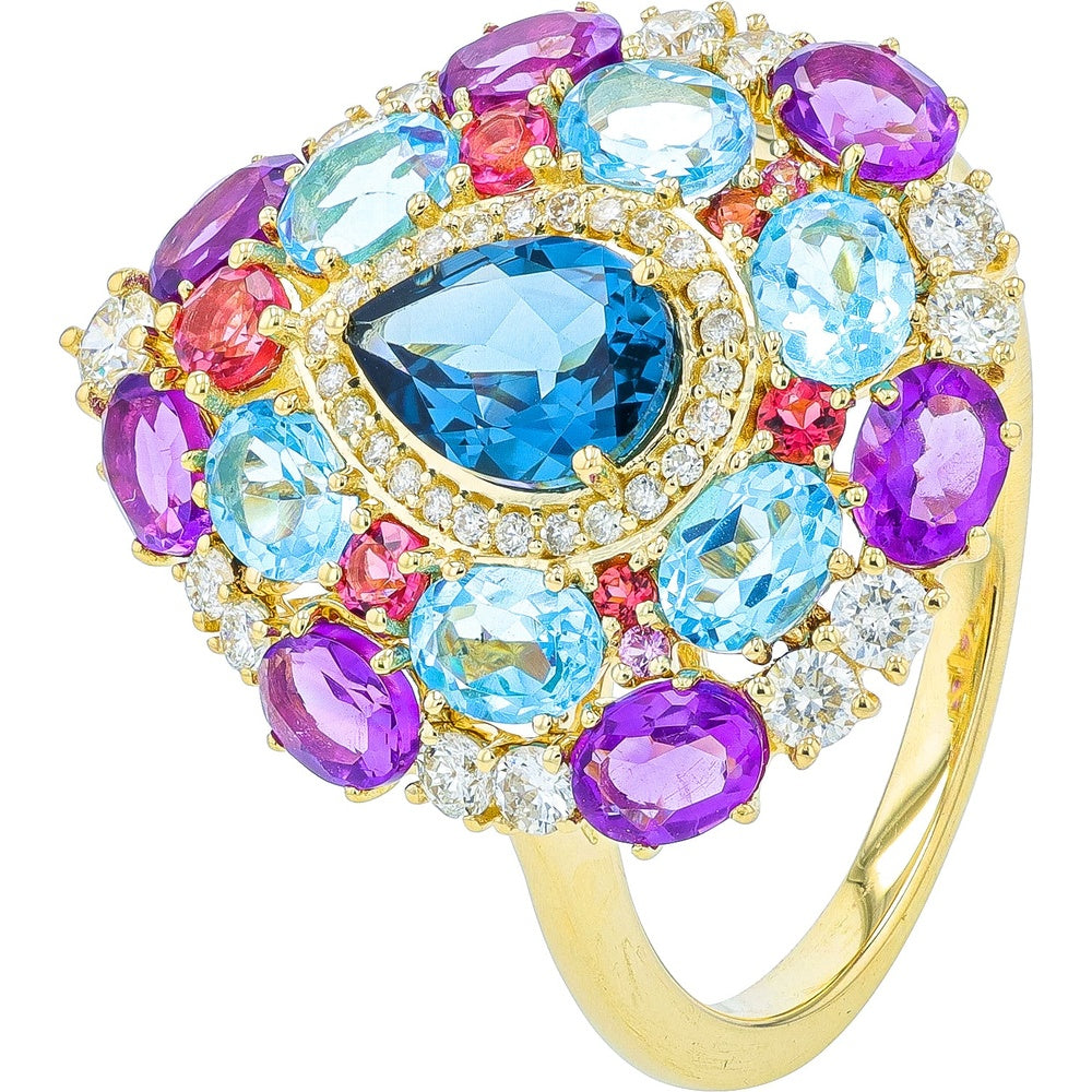 14K Yellow Gold Multi-Gemstone Cluster Ring with Pear-Cut Center and Diamond Halo - 3.50 Carat Total Gemstone Weight and 0.40 Carat Total Diamond Weight