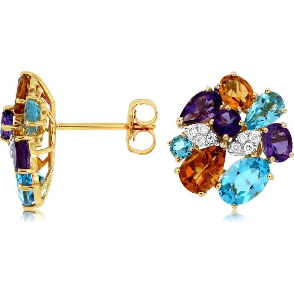 14K Yellow Gold Multi-Gemstone Floral Cluster Earrings with Diamond Accents - 0.10 Carat Diamonds & 3.80 Carat Total Semi-Precious Gemstones - Royal Jewelry