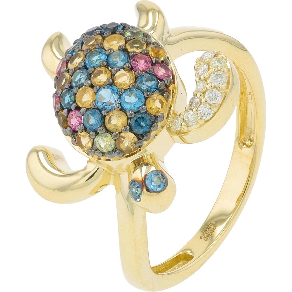 14K Yellow Gold Multi-Gemstone Turtle Ring with Citrine, Rhodolite, and London Blue Topaz - 0.73 Carat Total Gemstone Weight