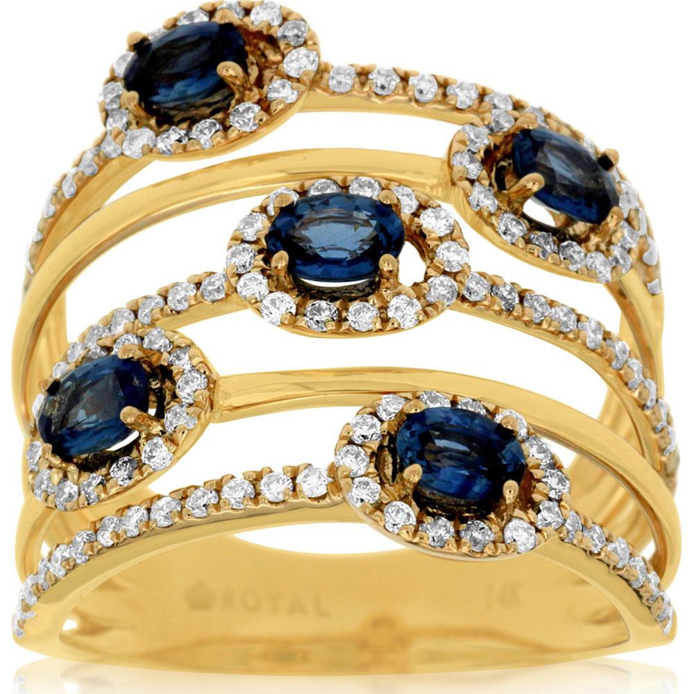 14K Yellow Gold Multi-Oval Sapphire and Diamond Openwork Halo Ring - 1.05 Carat Total Sapphire Weight and 0.70 Carat Total Diamond Weight - Royal Jewelry